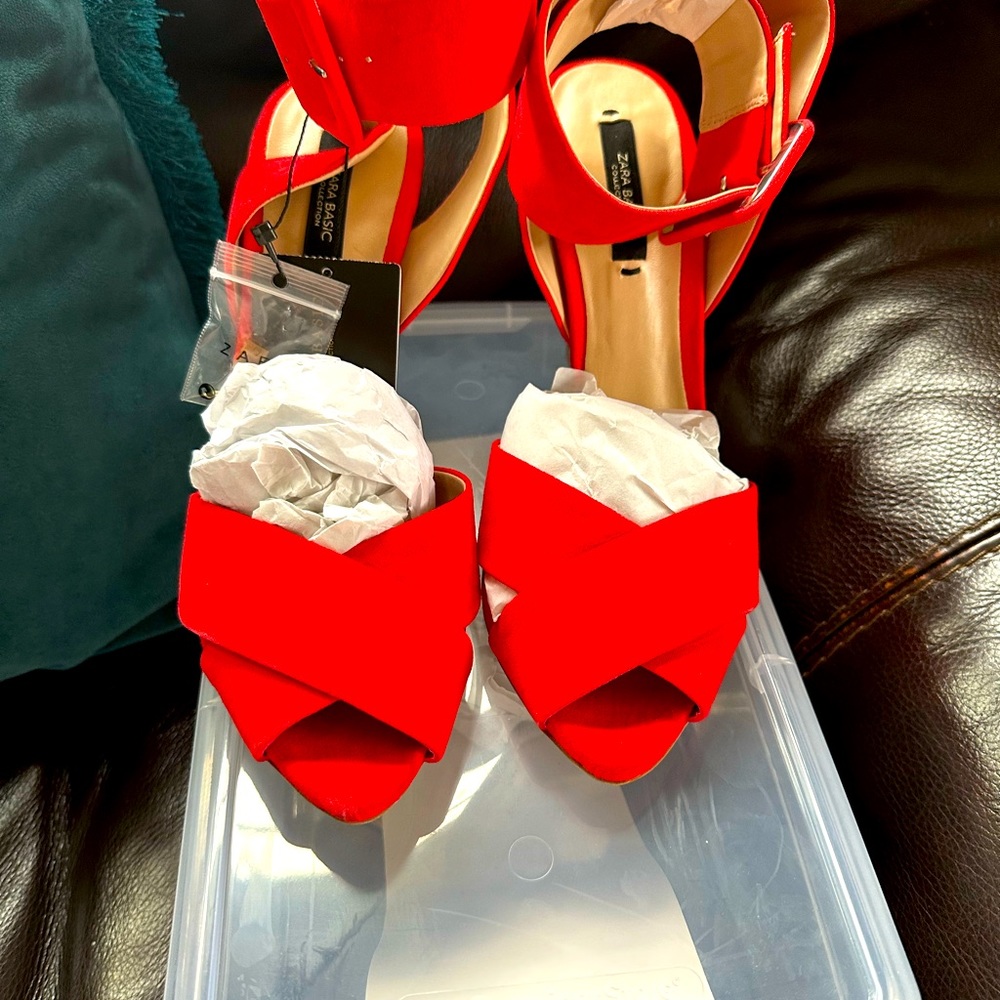 Zara Basic Red Heel Sandals NWT